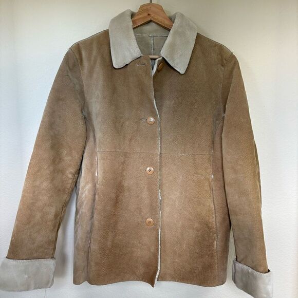 Vintage Suede Leather brown shearling lined Jacket Chore Coat size medium - Picture 1 of 12